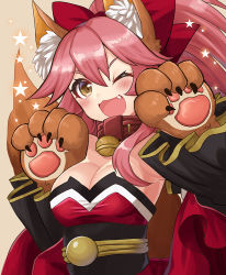 Rule 34 | 1girl, animal ear fluff, animal ears, animal hands, bare shoulders, bell, breasts, cleavage, collar, collarbone, fang, fate/grand order, fate (series), fox ears, fox girl, fox tail, gloves, hair ribbon, japanese clothes, jingle bell, kei s01, kimono, long hair, neck bell, one eye closed, open mouth, paw gloves, pink hair, ponytail, red kimono, red ribbon, ribbon, star (symbol), tail, tamamo (fate), tamamo cat (fate), tamamo cat (first ascension) (fate)