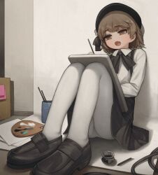 Rule 34 | 1girl, backdrop, beret, black hat, black ribbon, black skirt, blush, brown eyes, brown hair, canvas (object), collared shirt, commentary request, fang, full body, hair ribbon, half-closed eyes, hand up, hat, hatoba tsugu, holding, holding paintbrush, indoors, inkwell, knees up, korean commentary, loafers, long sleeves, looking at viewer, mole, mole under eye, neck ribbon, open mouth, paintbrush, painting (action), palette (object), panties, panties under pantyhose, pantyhose, pantyshot, paper, pen, rabbit (wlsdnjs950), raised eyebrows, ribbon, shirt, shoes, sitting, skirt, solo, suspender skirt, suspenders, tsugu (vtuber), underwear, virtual youtuber, white pantyhose, white shirt