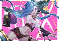 Rule 34 | 1girl, absurdres, arcane: league of legends, arm tattoo, arm up, belt, black gloves, blue hair, blue nails, blurry, blurry foreground, border, bullet necklace, character name, closed mouth, diffraction spikes, explosive, fingerless gloves, fingernails, gloves, grenade, gun, highres, holding, holding gun, holding weapon, jewelry, jinx (league of legends), league of legends, long hair, nail polish, navel, necklace, outline, over shoulder, paint, paint on body, paint splatter, paint splatter on face, pink eyes, shell casing, smile, solo, stomach tattoo, striped, tattoo, teddy (khanshin), thigh strap, throwing, tongue, tongue out, torn, torn clothes, twintails, weapon, weapon over shoulder, white border, white outline