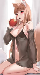 Rule 34 | 1girl, absurdres, animal ears, apple, babydoll, bad id, bad pixiv id, bare shoulders, bitten apple, blunt bangs, blush, breasts, brown hair, detached sleeves, fangs, food, food bite, fruit, groin, hand up, highres, holding, holding food, holding fruit, holo, lingerie, long hair, looking at viewer, medium breasts, navel, open mouth, raised eyebrows, red eyes, seiza, sitting, skai kun, solo, spaghetti strap, spice and wolf, stomach, straight hair, tail, teeth, underwear, very long hair, wolf ears, wolf girl, wolf tail