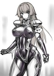 Rule 34 | 1girl, bodysuit, breasts, cowboy shot, covered erect nipples, greyscale, hair ribbon, large breasts, long hair, looking at viewer, monochrome, muv-luv, muv-luv alternative, muv-luv total eclipse, pilot suit, ribbon, rindou (radical dream), skin tight, solo, takamura yui, very long hair