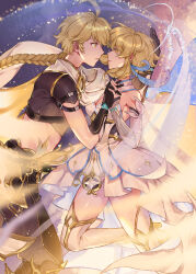 Rule 34 | 1boy, 1girl, absurdres, aether (genshin impact), ahoge, arm armor, arm behind head, bare shoulders, black gloves, black pants, black shirt, blonde hair, boots, braid, braided ponytail, breasts, brother and sister, cape, crop top, detached sleeves, dress, feather hair ornament, feathers, fingerless gloves, genshin impact, gloves, gold trim, hair ornament, hand on another&#039;s head, hetero, highres, holding hands, incest, interlocked fingers, light, long hair, looking at another, lumine (genshin impact), medium breasts, orange sekaii, pants, parted lips, scarf, shirt, short hair with long locks, short sleeves, siblings, sleeveless, sleeveless dress, thigh boots, vambraces, white cape, white dress, white footwear, white scarf, yellow eyes