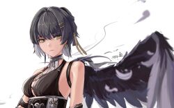 Rule 34 | 1girl, bare shoulders, black wings, breasts, chinese commentary, commentary, eyeliner, feathered wings, feathers, female rover (wuthering waves), grey feathers, grey hair, hair intakes, hair ornament, hair ribbon, hairclip, halterneck, highres, jiyu (606449841), lips, looking at viewer, lower lip only, makeup, medium breasts, red eyeliner, ribbon, rover (wuthering waves), short hair, signature, simple background, single wing, solo, upper body, white background, wings, wuthering waves, yellow eyes, yellow ribbon