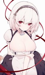 Rule 34 | 1girl, aka kan, anchor choker, apron, azur lane, breast hold, breasts, choker, cleavage, closed mouth, collarbone, eyes visible through hair, frilled choker, frills, hair between eyes, hairband, highres, huge breasts, lace-trimmed hairband, lace trim, leaning forward, looking at viewer, maid apron, puffy short sleeves, puffy sleeves, red eyes, red ribbon, ribbon, short hair, short sleeves, sidelocks, signature, simple background, sirius (azur lane), solo, waist apron, white apron, white background, white hair