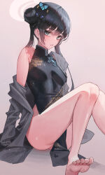 Rule 34 | 1girl, absurdres, barefoot, black dress, black eyes, black jacket, blue archive, breasts, butterfly hair ornament, china dress, chinese clothes, domi (hongsung0819), double bun, dragon print, dress, gradient background, hair bun, hair ornament, halo, highres, jacket, kisaki (blue archive), knees together feet apart, long hair, looking at viewer, pelvic curtain, pink background, print dress, sitting, small breasts, soles, solo, striped clothes, striped jacket, toes, twintails, vertical-striped clothes, vertical-striped jacket