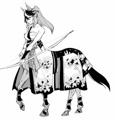 Rule 34 | 1girl, animal ears, armor, bow (weapon), centaur, commentary, commentary request, ear covers, greyscale, hadanugi dousa, high ponytail, highres, holding, holding bow (weapon), holding weapon, horse ears, horse tail, japanese armor, japanese clothes, kimono, kote, looking at viewer, monochrome, monsterification, multicolored hair, open kimono, partial commentary, sarashi, single ear cover, solo, suneate, symboli rudolf (archer of the white moon) (umamusume), symboli rudolf (umamusume), tail, takatsuki nato, taur, umamusume, weapon