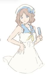 Rule 34 | 1girl, bang dream!, bang dream! it&#039;s mygo!!!!!, bare arms, blue eyes, blue sailor collar, commentary, dress, food, hair up, hashtag-only commentary, hat, highres, holding, holding food, holding popsicle, looking at viewer, nagasaki soyo, neckerchief, official alternate hairstyle, parted lips, popsicle, sailor collar, sailor dress, sleeveless, sleeveless dress, solo, waeoo, white dress, white hat, yellow neckerchief