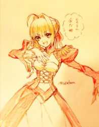 Rule 34 | 10s, 1girl, ahoge, colored pencil (medium), dress, epaulettes, fate/extra, fate (series), hair intakes, nero claudius (fate), nero claudius (fate), nero claudius (fate/extra), red dress, solo, takeluuu, traditional media, translation request