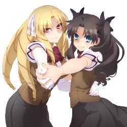 Rule 34 | 2girls, aqua hair, black skirt, blonde hair, bow, bowtie, breasts, brown cardigan, brown hair, cardigan, closed mouth, commentary request, drill hair, elbow gloves, fate/kaleid liner prisma illya, fate (series), gloves, grin, hair bow, hand on another&#039;s back, holding hands, interlocked fingers, large breasts, long hair, looking at viewer, luviagelita edelfelt, multiple girls, official art, parted bangs, pleated skirt, school uniform, shirt, short sleeves, skirt, smile, teeth, tohsaka rin, twintails, white background, white gloves, white shirt