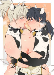Rule 34 | 2boys, after kiss, animal ears, ass, black hair, chinese zodiac, cow ears, cow horns, cow tail, detached sleeves, elbow gloves, eye contact, face-to-face, gloves, heart, high ponytail, horns, hug, kemonomimi mode, large pectorals, looking at another, male focus, multiple boys, original, pectoral docking, pectoral press, pectorals, revealing clothes, saliva, saliva trail, spoken heart, tail, tongue, tongue out, trgm, yaoi, year of the ox