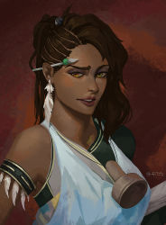 Rule 34 | 1girl, armlet, asymmetrical clothes, asymmetrical hair, bare shoulders, brown hair, camisole, capcom, cornrows, dark-skinned female, dark skin, earrings, feathers, hair ornament, jewelry, lips, long hair, looking at viewer, monster hunter, monster hunter: world, monster hunter (series), object behind ear, orange eyes, parted lips, provisions manager (monster hunter world), shadowjwu, shirt, sleeveless, solo, upper body, wavy hair