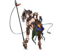 Rule 34 | 10s, 1girl, aged up, bare shoulders, belt, black hair, breasts, cleavage, feathers, female focus, full body, granblue fantasy, large breasts, leaf, leaning forward, long hair, minaba hideo, official art, polearm, purple eyes, sig (granblue fantasy), smile, solo, spear, standing, transparent background, weapon