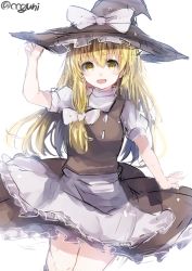 Rule 34 | 1girl, apron, blonde hair, blush, bow, colorized, hair bow, hair ornament, hat, hat ribbon, kirisame marisa, long hair, open mouth, puffy sleeves, ribbon, shirt, short sleeves, simple background, sketch, skirt, skirt set, smile, solo, touhou, turtleneck, twitter username, upskirt, vest, waist apron, white background, witch hat, wowoguni, yellow eyes