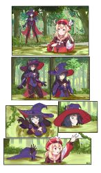 Rule 34 | 2girls, absurdres, asphyxiation, backpack, bag, blush, dress, drowning, forest, from above, genshin impact, gloves, green eyes, hair between eyes, hat ornament, highres, klee (genshin impact), legs, long hair, long sleeves, mona (genshin impact), multiple girls, nature, outstretched arm, pantyhose, partially submerged, purple dress, purple hair, purple headwear, quicksand, red dress, red eyes, red headwear, sinking, stuck, submerged, sweat, tree, wcf40