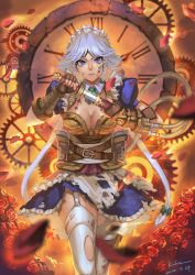 Rule 34 | 1girl, absurdres, adapted costume, apron, artist name, bandaid, bandaid on face, belt, blue eyes, braid, breasts, cleavage, clock, dagger, dated, dress, flower, garter straps, gears, gloves, highres, izayoi sakuya, kalata, katana, knife, large breasts, looking at viewer, maid apron, maid headdress, neck ribbon, petals, puffy short sleeves, puffy sleeves, ribbon, roman numeral, rose, rose petals, serious, short hair with long locks, short sleeves, side braid, signature, silver hair, solo, sword, thighhighs, torn clothes, torn dress, torn thighhighs, touhou, twin braids, watch, weapon, white thighhighs
