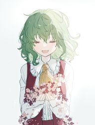 Rule 34 | 1girl, ascot, backlighting, center frills, closed eyes, collared shirt, eyelashes, falling petals, flower, frilled shirt collar, frills, furawast, green hair, highres, holding, holding flower, kazami yuuka, long sleeves, medium hair, open mouth, petals, pink flower, red flower, red vest, shirt, sketch, smile, solo, straight-on, touhou, upper body, vest, wavy hair, white background, white shirt, yellow ascot