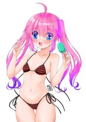 Rule 34 | 1girl, ahoge, bikini, breasts, commentary, commentary request, cowboy shot, english commentary, fang, food, gluteal fold, hinoue itaru, long hair, looking at viewer, mixed-language commentary, open mouth, original, pink hair, popsicle, purple eyes, red bikini, side-tie bikini bottom, simple background, small breasts, smile, solo, striped bikini, striped clothes, swimsuit, thigh gap, twintails, v, white background
