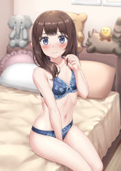 Rule 34 | 1girl, absurdres, bed, bird, blue bra, blue eyes, blue panties, bra, brown hair, chick, commentary request, elephant, feet out of frame, flat chest, highres, looking at viewer, navel, nedia (nedia region), original, panties, pillow, raccoon, short hair, sitting, solo, stuffed animal, stuffed toy, teddy bear, underwear, underwear only