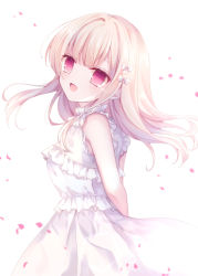 Rule 34 | 1girl, :d, arms behind back, bow, dress, floating hair, from side, hair bow, hair intakes, kurumi mashiro, long hair, open mouth, original, red eyes, silver hair, simple background, sleeveless, sleeveless dress, smile, solo, standing, sundress, white background, white bow, white dress