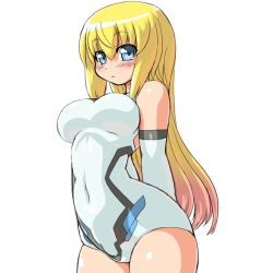 Rule 34 | 10s, 1girl, :o, arms behind back, bad id, bad pixiv id, bare shoulders, blonde hair, blue eyes, blush, breasts, busou shinki, covered navel, cowboy shot, dd (ijigendd), elbow gloves, from side, gloves, hair between eyes, hip focus, large breasts, leotard, long hair, looking at viewer, multicolored hair, olbern, oorbellen, open mouth, pink hair, simple background, solo, white background, white gloves