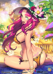 Rule 34 | 1girl, aristotle (qurare), arm support, ass, back tattoo, barefoot, beach, beach umbrella, bikini, bracelet, breasts, cleavage, fireworks, flower, green eyes, hair flower, hair ornament, hat, jewelry, large breasts, long hair, looking at viewer, looking back, ningu, o-ring, o-ring top, ocean, open mouth, palm tree, purple hair, qurare magic library, sand sculpture, shiny skin, shorts, side-tie bikini bottom, sky, smile, solo, solo focus, spade, swimsuit, tattoo, tramp stamp, tree, umbrella