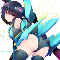 Rule 34 | 1girl, ass, bare shoulders, black hair, black thighhighs, blush, bodysuit, character request, detached sleeves, from behind, headgear, leaning, leaning forward, leotard, looking at viewer, looking back, mecha musume, pink eyes, shiny clothes, shiny skin, short hair, solo, source request, thighhighs