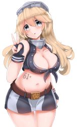 Rule 34 | 1girl, blonde hair, blue eyes, breasts, cowboy shot, fingerless gloves, gloves, highres, iowa (kancolle), kantai collection, large breasts, long hair, looking at viewer, miniskirt, redundant-cat, simple background, skirt, smile, solo, star-shaped pupils, star (symbol), striped, symbol-shaped pupils, thighhighs, v, vertical stripes, white background
