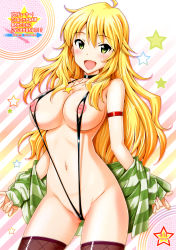 Rule 34 | 1girl, black thighhighs, blonde hair, breasts, cleavage, collarbone, female focus, gradient background, green eyes, highres, hoshii miki, idolmaster, idolmaster (classic), jewelry, large breasts, long hair, looking at viewer, navel, necklace, nipples, open mouth, pendant, slingshot swimsuit, smile, solo, striped, swimsuit, thighhighs, tsukimi daifuku, white background