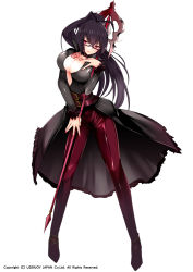 Rule 34 | 1girl, black hair, breasts, cleavage, full body, glasses, impossible clothes, large breasts, long hair, looking at viewer, nail polish, official art, polearm, ponytail, red eyes, rimless eyewear, seikon no el dorado, simple background, smile, solo, spear, standing, tetsubuta, weapon, white background
