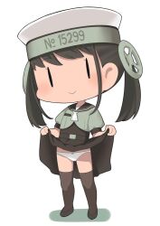 Rule 34 | 1girl, :&gt;, black hair, brown thighhighs, chibi, clothes lift, clothes writing, dress, dress lift, fairy (kancolle), full body, hair ornament, hat, kantai collection, lifted by self, long hair, nassukun, panties, puffy short sleeves, puffy sleeves, sailor dress, short sleeves, simple background, smile, solo, thighhighs, twintails, underwear, white background, white panties