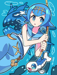 Rule 34 | 1girl, :o, air bubble, bare arms, blue eyes, blue hair, blue pants, blue sailor collar, bright pupils, bubble, commentary request, creatures (company), fishing rod, game freak, gen 7 pokemon, hairband, highres, holding, holding fishing rod, lana (pokemon), nintendo, no sclera, one-piece swimsuit, pants, parted lips, pokemon, pokemon (creature), pokemon sm, sailor collar, shirt, short hair, sleeveless, sleeveless shirt, sutokame, swimsuit, swimsuit under clothes, white pupils, white shirt, wishiwashi, wishiwashi (school), wishiwashi (solo), yellow hairband