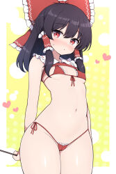 Rule 34 | 1girl, adapted costume, bare arms, bare legs, bare shoulders, bikini, black hair, blush, bow, breasts, cameltoe, cleft of venus, closed mouth, covered erect nipples, cowboy shot, hair between eyes, hair bow, hair tubes, hakurei reimu, heart, highres, long hair, looking at viewer, micro bikini, navel, red bikini, red bow, red eyes, rizento, sidelocks, small breasts, solo, swimsuit, touhou
