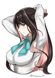 Rule 34 | 1girl, aqua neckwear, arms up, black hair, breasts, commentary request, cropped torso, dress shirt, hair ribbon, kantai collection, large breasts, long hair, looking at viewer, multicolored hair, naganami (kancolle), one-hour drawing challenge, ootori subaru, pink hair, profile, ribbon, school uniform, shirt, simple background, smile, solo, twitter username, two-tone hair, tying hair, upper body, wavy hair, white background, yellow eyes