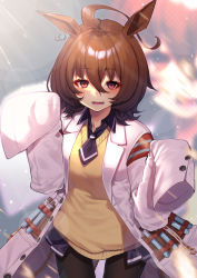 Rule 34 | 1girl, :d, agnes tachyon (umamusume), ahoge, animal ears, blush, brown hair, cardigan, commentary request, cowboy shot, earrings, highres, horse ears, horse girl, jewelry, lab coat, looking at viewer, mikan (chipstar182), necktie, open mouth, pantyhose, short hair, sleeves past fingers, sleeves past wrists, smile, solo, test tube, umamusume