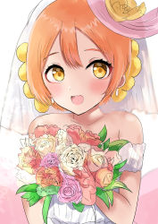 Rule 34 | 1girl, absurdres, artist name, artist request, back bow, bare shoulders, bouquet, bow, breasts, cherry blossoms, choker, cleavage, collarbone, dress, earrings, female focus, flower, gloves, green eyes, hair between eyes, hair flower, hair ornament, highres, holding, holding bouquet, hoshizora rin, jewelry, looking at viewer, love live!, love live! school idol festival, love live! school idol project, love wing bell, orange flower, orange hair, parted lips, pink bow, pom pom (clothes), pom pom hair ornament, short dress, short hair, sleeveless, sleeveless dress, smile, solo, strapless, strapless dress, sunya (honorin-yuunibo), sunya (pixiv17390904), veil, white choker, white dress, white gloves, white veil, yellow eyes, yellow flower