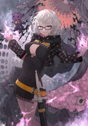 Rule 34 | 1girl, absurdres, baphomet (fate), belt, black dress, black jacket, blue eyes, breasts, cleavage, cropped jacket, dress, fate/grand order, fate (series), fire, glasses, grey hair, highres, hood, hooded jacket, jacket, jacques de molay (foreigner) (fate), jacques de molay (foreigner) (second ascension) (fate), jtgbaaa, lamb, large breasts, long sleeves, looking at viewer, open clothes, open jacket, pink fire, sheath, sheep, shield, short dress, short hair, smile, sword, tentacles, thighs, weapon