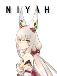 Rule 34 | 1girl, animal ear fluff, animal ears, bare shoulders, detached sleeves, green eyes, grey hair, highres, long hair, max 47, nia (blade) (xenoblade), nia (xenoblade), sidelocks, twintails, white background, xenoblade chronicles (series), xenoblade chronicles 2