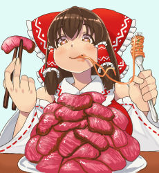 Rule 34 | 1girl, blue background, blush, bow, breasts, brown eyes, brown hair, chopsticks, closed mouth, collared shirt, commentary request, cookie (touhou), detached sleeves, eating, food, fork, frilled bow, frilled hair tubes, frilled shirt collar, frills, hair between eyes, hair bow, hair tubes, hakurei reimu, holding, holding chopsticks, holding fork, kanna (cookie), large breasts, long hair, meat, mo-fu, napolitan, pasta, red bow, red shirt, ribbon-trimmed sleeves, ribbon trim, shirt, sidelocks, sleeveless, sleeveless shirt, smile, solo, spaghetti, too much food, touhou, upper body, white sleeves, wide sleeves