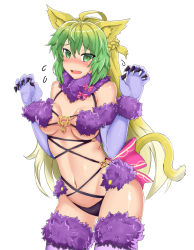 Rule 34 | 1girl, ahoge, animal ears, atalanta (fate), blonde hair, blush, breasts, cat ears, cosplay, fate/apocrypha, fate/grand order, fate (series), flying sweatdrops, gloves, green eyes, green hair, long hair, looking at viewer, mash kyrielight, mash kyrielight (dangerous beast), mash kyrielight (dangerous beast) (cosplay), multicolored hair, official alternate costume, solo, tail, thighhighs, two-tone hair, yuzu kiro