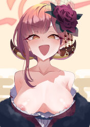 1girl @_@ absurdres areola_slip aru_(blue_archive) billmors blue_archive breasts demon_girl demon_horns flower flustered fur_scarf hair_flower hair_ornament halo highres horns japanese_clothes kimono large_breasts looking_at_viewer nervous_smile nipple_slip nipples off_shoulder pink_hair portrait rose smile solo straight-on sweat wardrobe_malfunction yellow_eyes yukata