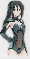 Rule 34 | 1girl, black eyes, black hair, bodysuit, breasts, cleavage, cleavage cutout, closed mouth, clothing cutout, date a live, female focus, hair between eyes, headgear, kusakabe ryouko (date a live), leotard, long hair, looking at viewer, mecha musume, medium breasts, ponytail, revealing clothes, serious, solo, standing