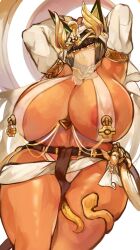 Rule 34 | 1girl, animal ears, areola slip, breast curtains, breasts, character request, curvy, dark-skinned female, dark skin, dog ears, elbow gloves, female focus, functionally nude, gloves, harem outfit, highres, huge breasts, impossible clothes, larribee, last origin, pasties, sekhmet of death, solo, standing, thick thighs, thighs, white gloves, wide hips
