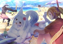 Rule 34 | 4boys, 4girls, animal hands, baseball bat, beach, beach umbrella, bikini, bird, bird boy, black hair, black skin, blanket, blindfold, blonde hair, blue sky, braid, breasts, brown eyes, cellphone, cleavage, closed mouth, cloud, colored skin, commentary request, crab, day, dragon, dress, drinking straw, expressionless, flower, fox boy, full body, furry, furry female, furry male, hair flower, hair ornament, hair scrunchie, hat, high ponytail, highres, holding, holding baseball bat, holding phone, large breasts, lets0020, long hair, looking at viewer, lying, multiple boys, multiple girls, ocean, on stomach, open mouth, original, penguin, phone, pink shirt, pink shorts, red bikini, running, scrunchie, shirt, short hair, short sleeves, shorts, sky, smartphone, smile, squid, suikawari, sun hat, swimsuit, the pose, topless male, umbrella, very long hair, watermark, white dress, white skin, wolf girl