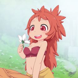 Rule 34 | 1girl, :d, bare shoulders, blush, breasts, flower, highres, holding, holding flower, kionant, made in abyss, medium breasts, mitty (made in abyss) (human), navel, open mouth, outdoors, red eyes, red hair, round teeth, sitting, smile, solo, teeth, upper teeth only, white flower
