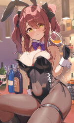 Rule 34 | 1girl, absurdres, animal ears, bar (place), bare shoulders, black gloves, black leotard, blush, bottle, bow, bowtie, breasts, brown pantyhose, cleavage, closed mouth, commentary, cup, detached collar, drinking glass, fake animal ears, gloves, hair between eyes, hand up, highres, holding, holding cup, idolmaster, idolmaster shiny colors, large breasts, leotard, looking at viewer, osaki tenka, pantyhose, purple bow, purple bowtie, rabbit ears, red hair, side-tie leotard, sitting, solo, thigh strap, wanimaru, white wrist cuffs, wine bottle, wrist cuffs, yellow eyes