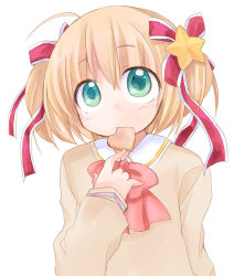 Rule 34 | 1girl, bad id, bad pixiv id, blonde hair, blue eyes, bow, cookie, food, food in mouth, furui suguri, heart, highres, kamikita komari, little busters!, mouth hold, pink bow, ribbon, school uniform, short hair, solo, star (symbol)