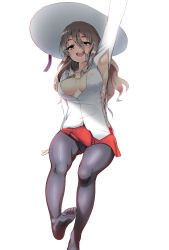 Rule 34 | 1girl, :d, arm at side, arm up, armpit cutout, armpits, black pantyhose, breasts, brown eyes, cameltoe, clothing cutout, collarbone, collared shirt, covered erect nipples, feet, gluteal fold, grey hair, hair between eyes, hat, highres, kantai collection, long hair, long sleeves, medium breasts, miniskirt, okamen, open clothes, open mouth, open shirt, pantyhose, pleated skirt, pola (kancolle), red skirt, shirt, simple background, sitting, skirt, smile, solo, sun hat, teeth, thick eyebrows, wavy hair, white background, white hat, white shirt