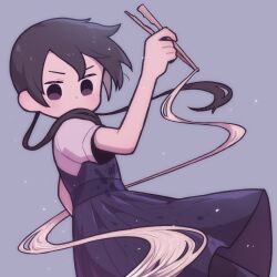 Rule 34 | 1girl, arm up, black pantyhose, blue background, blue dress, blush, brown eyes, brown hair, chopsticks, collared shirt, commentary request, dress, floating hair, food, highres, holding, holding chopsticks, long hair, no mouth, noodles, original, pantyhose, pinafore dress, pleated dress, shirt, simple background, sleeveless, sleeveless dress, solo, soumen, takurada, twintails, v-shaped eyebrows, wet, wet clothes, wet dress, white shirt