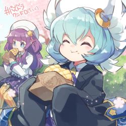 Rule 34 | + +, 2girls, :t, ^ ^, black jacket, blue eyes, blue hair, blush, bread, character request, closed eyes, closed mouth, collared shirt, crescent, crescent hair ornament, eating, food, food on face, hair between eyes, hair ornament, highres, holding, holding food, jacket, kuuron (moesann17), long hair, long sleeves, multiple girls, neck ribbon, orange legwear, pantyhose, pink ribbon, pleated skirt, purple hair, purple skirt, puzzle &amp; dragons, ribbon, shirt, skirt, sleeves past fingers, sleeves past wrists, striped clothes, striped legwear, striped pantyhose, translation request, tree, vertical-striped clothes, vertical-striped legwear, vertical-striped pantyhose, very long hair, white jacket, white shirt