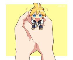 Rule 34 | 1boy, ^^^, arm warmers, black collar, black sleeves, blonde hair, blue eyes, collar, commentary, detached sleeves, kagamine len, looking at viewer, mini person, miniboy, necktie, nokuhashi, open mouth, pov, pov hands, sailor collar, school uniform, shirt, short sleeves, smile, spiked hair, standing, vocaloid, white shirt, yellow neckwear